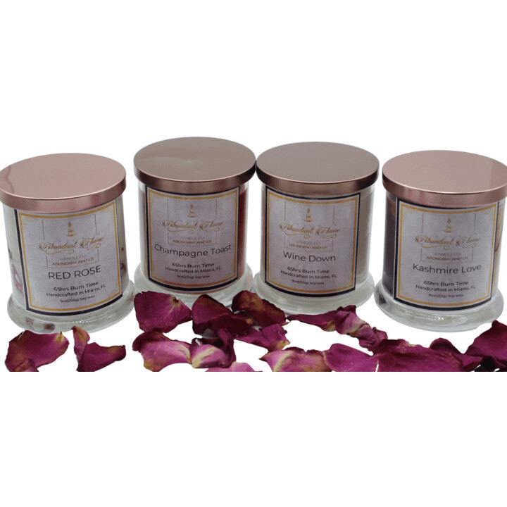 Relax, rewind, and transport yourself to a far-off place with the luxurious smells of the Abundant Flame Candle Co