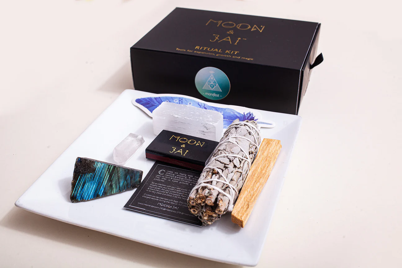 Manifest Ritual Kit with Labradorite, Clear Quartz, Sage, Palo Santo, and Selenite